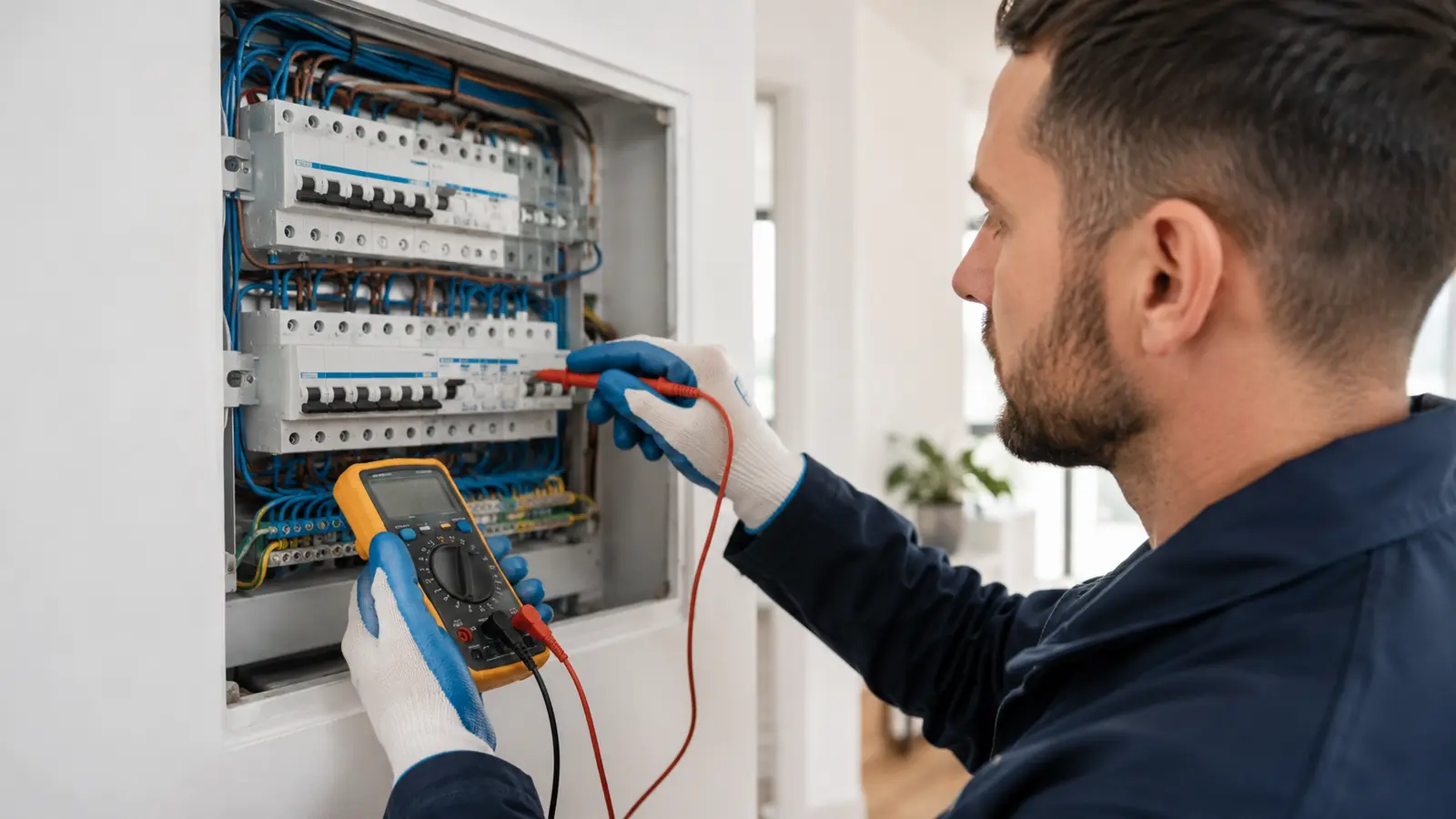 Elettricista durante una misurazione strumentale per la ricerca di un guasto elettrico a Sassari